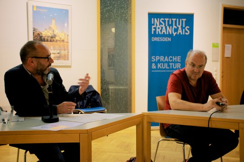 Photo 12 on the occasion of the reading of “Die Flüchtigen” (The Fugitives) – Alain Damasio and Milena Adam in conversation on September 15, 2021, at the Goethe-Institut Dresden.