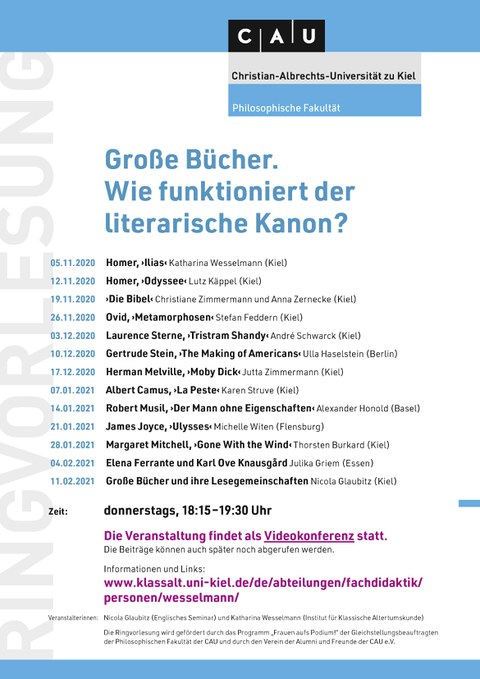 Poster featuring the program for the lecture series “Great Books: How Does the Literary Canon Work?” during the 2020–21 winter semester at Christian-Albrechts-Universität zu Kiel