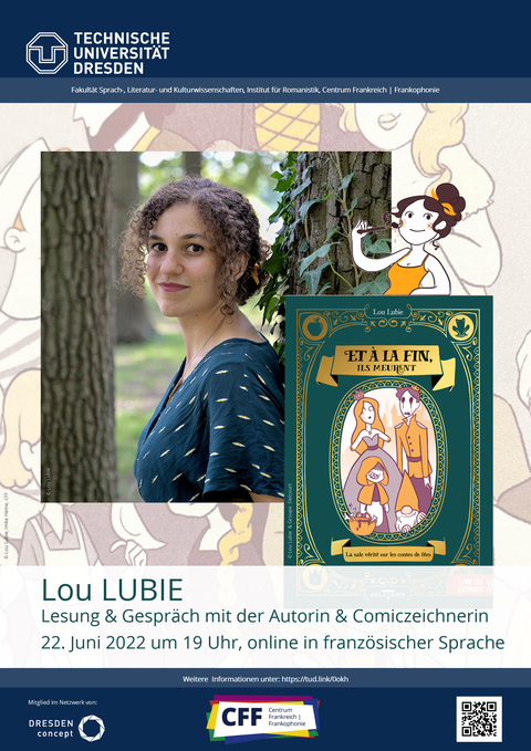 Plakat anlässlich der Online-Lesung und Diskussion Lou Lubie (französische Comicautorin und -zeichnerin) am 22.06.2022 an der Fakultät SLK der TU Dresden.