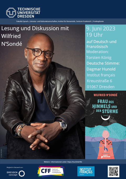 Plakat anlässlich der Lesung und Diskussion „Frau des Himmels und der Stürme“ mit Wilfried N‘Sondé am 09.06.2023 im Institut français Dresden.