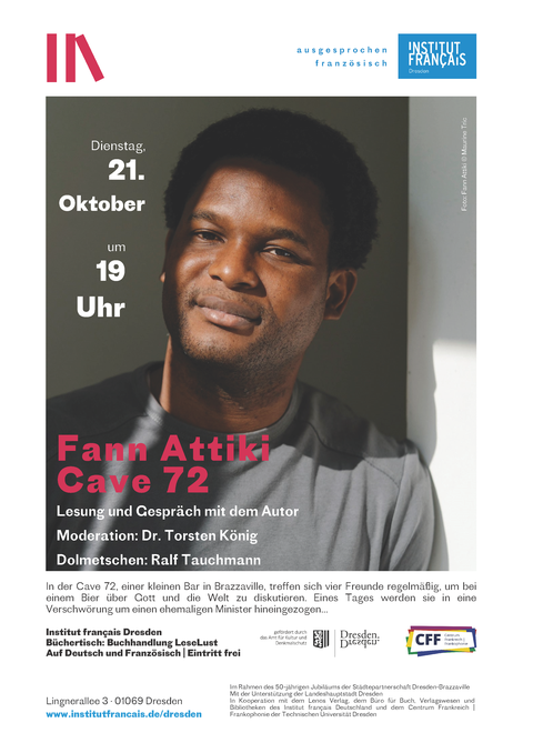 Poster for the reading and discussion with author Fann Attiki, “Cave 72,” on October 21, 2025, at the Institut français Dresden.
