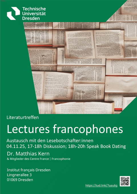 Poster for the event “Literature Meeting – Lectures francophones – Exchange with the Reading Ambassadors Dresden-Strasbourg” on November 4, 2025, at the Institut français Dresden.