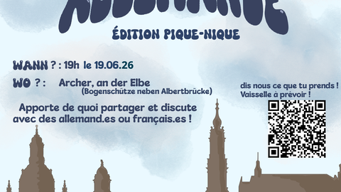 Plakat anlässlich der Soirée franco-allemande - Soirée pique-nique am 19.06.2026 an der Elbe in Dresden.