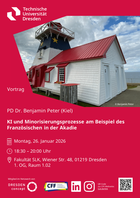 Poster on the occasion of the lecture “AI and Minorization Processes Using the Example of French in Acadia” by PD Dr. Benjamin Peter (Kiel) on January 26, 2026, at the SLK Faculty of TU Dresden.
