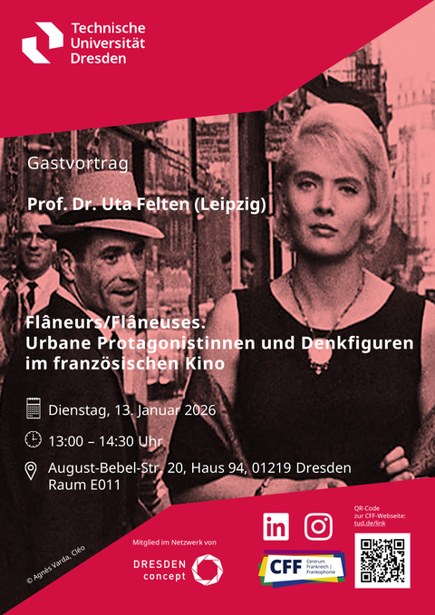 Poster on the occasion of the lecture “Flâneurs/Flâneuses: Urban Protagonists and Figures of Thought in French Cinema” by Prof. Dr. Uta Felten (Leipzig) on January 13, 2026, at the SLK Faculty of TU Dresden.