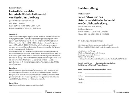 Book flyer – Kristian Raum: Lucien Febvre and the Historical-Didactic Potential of Historiography, Frank & Timme Publishers, 2020.