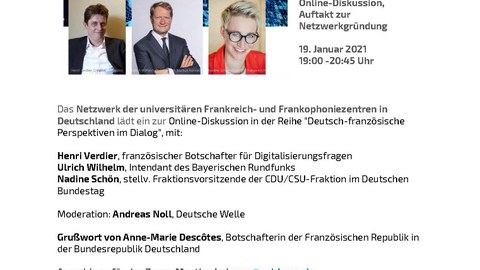 Plakat anlässlich der Online-Auftaktveranstaltung der Reihe "Deutsch-Französische Perspektiven im Dialog" des Netzwerks der universitären Frankreich- und Frankophoniezentren in Deutschland am 19. Januar 2021.