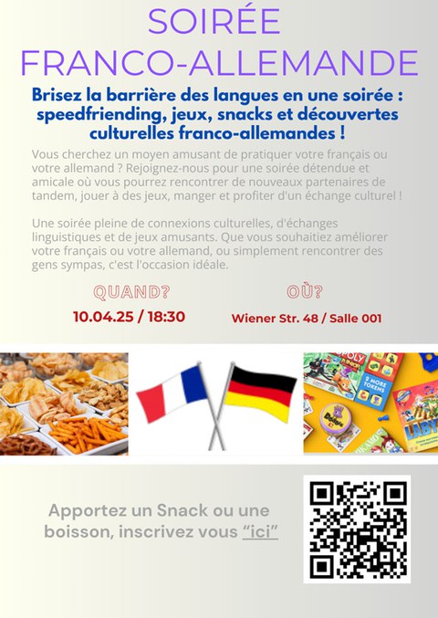 Plakat anlässlich der Soirée franco-allemande am 10.04.2025 an der TU Dresden.
