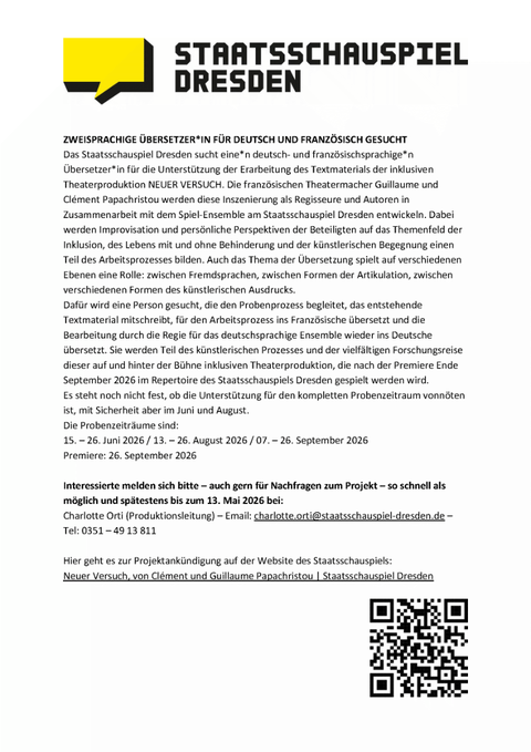 Ausschreibung des Staatsschauspiel Dresden "Zweisprachige Übersetzer:in für Deutsch und Französisch gesucht" 2026.