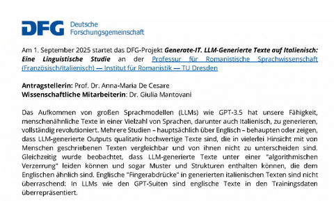 Excerpt from the description of the DFG project "Generate-IT. LLM-Generated Texts in Italian: A Linguistic Study" at the Chair of Romance Linguistics (French/Italian) at the Institute of Romance Studies at TU Dresden