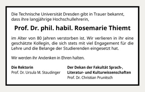 Traueranzeige Prof. Dr. phil. habil. Rosemarie Thiemt