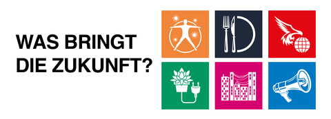 Grafik mit der Aufschrift "Was bringt die Zukunft?" und sechs Icons mit verschiedenen Symbolen