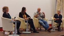 Professor Anna Holzscheiter engaged in discussion with Professor Lena Partzsch, Professor Manuel Fischer, and Larika Waldmann.