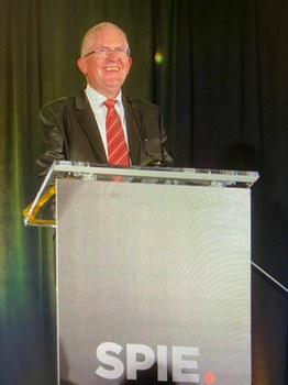 Prof Juergen Czarske acknowledges the Chandra S Vikram Award on Optical Metrology of SPIE 