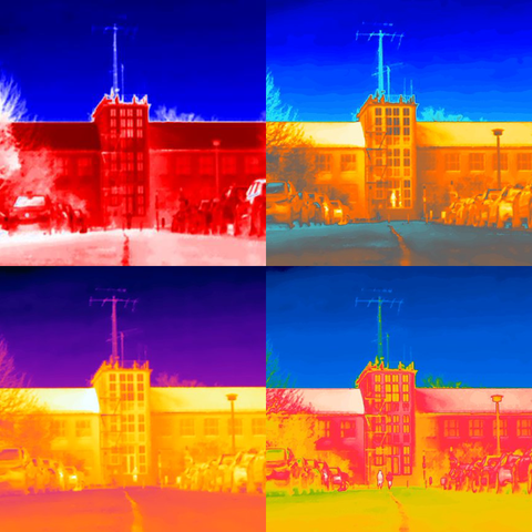 Vier Infrarot Kamera Bilder des Barkhausen Baus der Technischen Universität Dresden. Die Bilder sind als 2 mal 2 Kacheln angeordnet mit unterschiedlich farbigen Temperaturskalen. Die Farben, Rot, Gelb und Blau dominieren den Himmel bzw. das Gebäude.