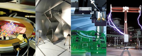 Bildcollage: Halbleiterplatte, Labor Nachrichtentechnik, Sonoscan, Stromentladung