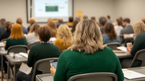 Attendees participating at a corporate workshop with projector and presentation