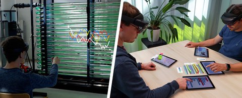 Zwei Bilder von 2 Full Paper Publikation auf der CHI 2021. Links zeigt eine Studie zum Einflusses des Hintergrunds auf AR Visualisierungen. Rechts zeigt eine System welches Tablets und AR zur immersiven Datenexploration kombiniert.