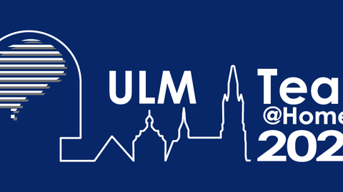Blauer Hintergrund mit Logo der TeaP 2021 (Kopf, Skyline von Ulm & Schriftzug)