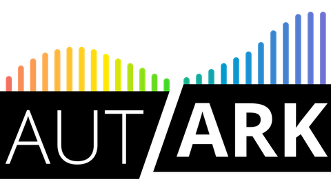 Logo of the "Autark" research project. The lettering "AUT" and "ARK" are each shown in white within a black rectangle. The rectangle "ARK" is slightly offset to the top. Coming out of the top of each of the two rectangles are colorful columns of varying l