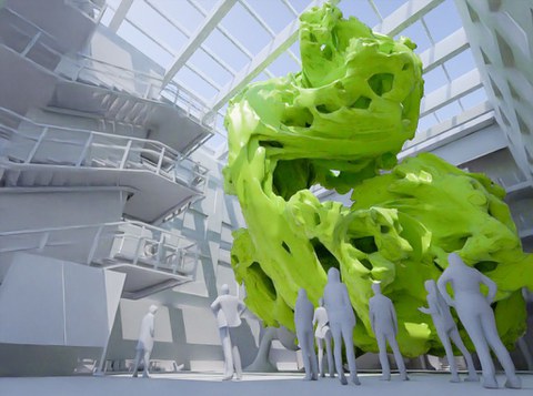 Crowd of people observing a giant virtual sculpture