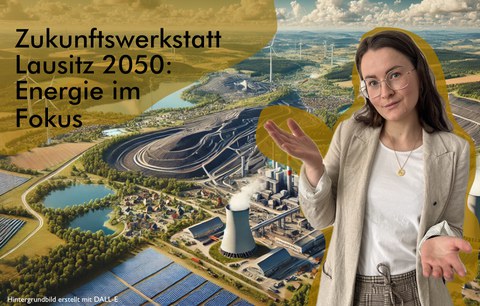 Im Vordergrund eine Person, im Hintergrund eine von künstlicher Intelligenz erstelltes Landschaftsbild mit Solarzellen und Kraftwerksanlagen