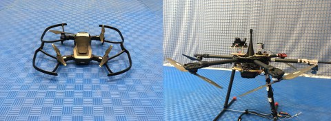 In the image a conventional quadrocopter is shown in comparison with the aerial robot "Flypulator" developed at the TU Dresden. 