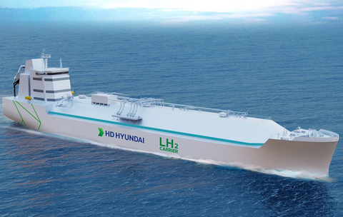 A large cargo ship in the sea with the inscription ‘HD HYUNDAI’ and ‘LH2CARRIER’. There are clouds on the horizon.