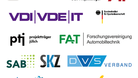 Logos der Projektträger, unter anderem DLR, PTKA Karsruhe, AiF, VDI/VDE/IT, PTJ, SAB, TÜV Rheinland, FNR Fachagentur Nachwachsende Rohstoffe e. V., DVS Verband, FAT Forschungsvorhaben Automobiltechnik, BISp, SKZ, FK-Maschinenbau.
