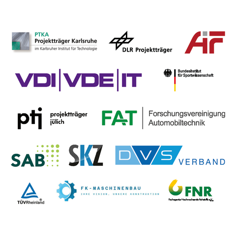 Logos der Projektträger, unter anderem DLR, PTKA Karsruhe, AiF, VDI/VDE/IT, PTJ, SAB, TÜV Rheinland, FNR Fachagentur Nachwachsende Rohstoffe e. V., DVS Verband, FAT Forschungsvorhaben Automobiltechnik, BISp, SKZ, FK-Maschinenbau.