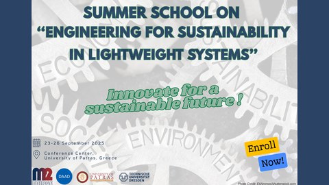 Illustration with inscription “Summer School on Engineering for Sustainability in Lightweight Systems, Innovate for sustainable future!”, September 23-25, 2025, Conference Center, University of Patras, Greece, Enroll Now!”