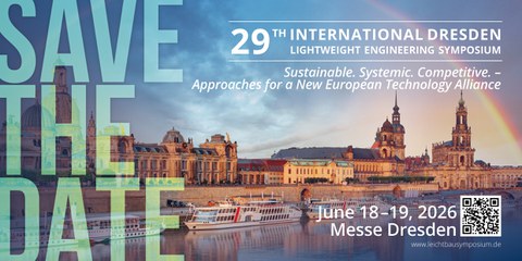 The key visual of the LBS shows the cityscape of Dresden with the Elbe River and the words “SAVE THE DATE,” “June 18–19, 2026, Messe Dresden,” and “Sustainable. Systemic. Competitive. – Approaches for a New European Technology Alliance.”