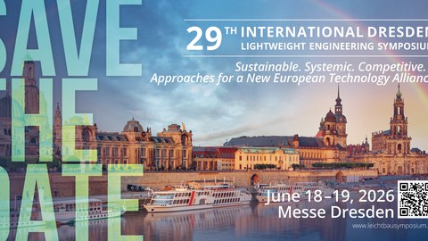 Das Keyvisual des LBS zeigt die Stadtlandschaft Dresdens mit der Elbe und den Schriftzug "SAVE THE DATE", "18.–19.06.2026, Messe Dresden", "Sustainable. Systemic. Competitive. – Approaches for a New European Technology Alliance".