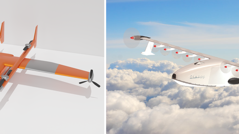 Die Flugzeugkonzepte PEL-E-FAN-T (links) und GLAROS (rechts) der studentischen Teams als Entwürfe neuartiger Fluggeräte für die Waldbrandbekämpfung