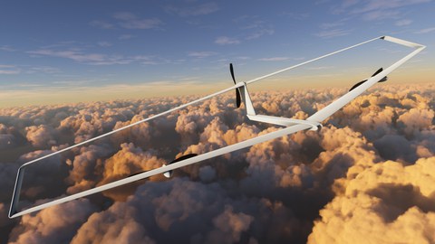 Figure of the concept AirLive of the student team of the TUD Dresden University of Technology as the design of an innovative highly efficient air vehicle for maintaining internet supply in the event of crises for the year 2040