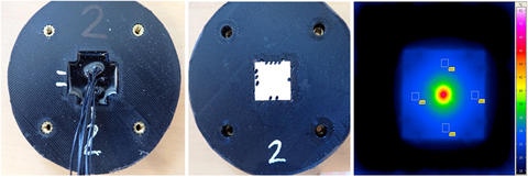 Drei Bilder die alle die gleiche Variante des Sensors zeigen. Links ist die Rückseite des Sensors. Dabei wurde Vergussmasse in einen 3D-gedruckten Rahmen gefüllt. Aus der Masse ragen die Anschlusskabel hervor. Im Mittleren Bild ist die Vorderseite der Ker