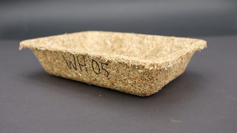Das Bild zeigt eine Verpackungsschale, die aus Landschaftspflegeheu gepresst wurde