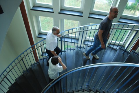 Drei Personen gehen eine Treppe hinauf.