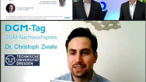 Auf dem Bild ist Dr. Christoph Zwahr, Preisträger des DGM Nachwuchsförderpreises und Dr.-Ing. Oliver Schauerte (Volkswagen AG) und Prof. Dr.-Ing. Frank Mücklich (Universität des Saarlandes) zu sehen.