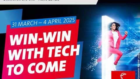 Rot-Blau gestaltetes Werbebild für Hannover Messe, Frau springt durch weiß-transparentes Rechteck, der Bildtext lautet Win-Win with Tech to come