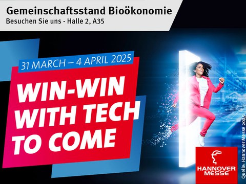 Red and blue advertising image for Hannover Messe, woman jumping through white-transparent rectangle, the caption reads Win-Win with Tech to come