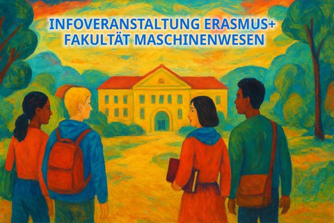 Grafik: vier Personen schauen zu einem Gebäude, das Bild ist abstrakt und bunt. In er Mitte steht Werbung für das Austauschstudium