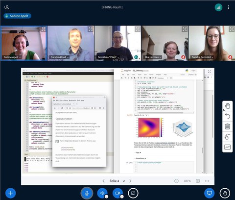 Screenshot der Videokonferenz mit Präsentation und Teilnehmern