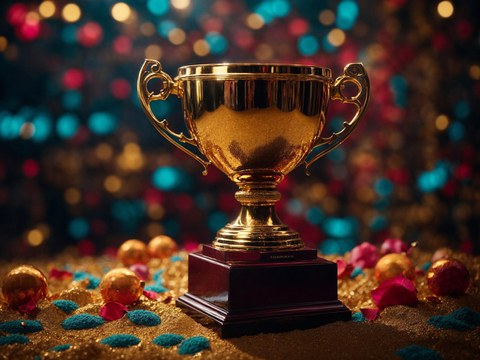 Goldener Pokal vor buntem Hintergrund.