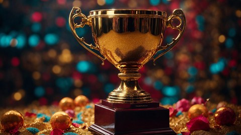 Goldener Pokal vor buntem Hintergrund.