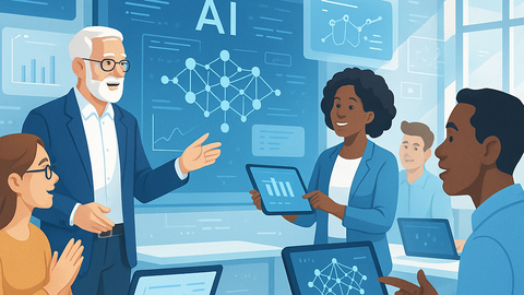 Ein Schulungsraum, in dem Personen an Laptops mit Diagrammen arbeiten. Im Hintergrund erklärt ein Mann vor einer Tafel mit "AI" und einem neuronalen Netzwerk ein Konzept.