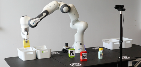 Sortieren und Aufräumen kann der Franka Cobot schon ganz gut (EXC CeTI, BMBF 6G-life, Prof. U. Aßmann).