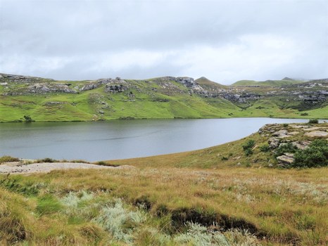 Eine ruhige Landschaft mit einem stillen See, umgeben von Grasfeldern und sanften Hügeln. Die Hügel sind mit üppigem grünem Gras bedeckt und weisen einige Felsvorsprünge auf. Der Himmel ist mit weichen, grauen Wolken bedeckt.