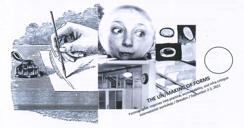 Collage mit einer Handzeichnung auf Papier, einem Frauengesicht, einer Uhr und industriellen Elementen. Der Text lautet: „THE UN/MAKING OF FORMS: Formographic Inquiries into Practices, Accountabilities, and Infra-critique.".