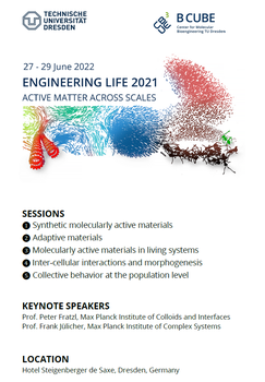 Flyer zur Konferenz „Engineering Life 2021: Active Matter Across Scales“, die vom 27. bis 29. Juni 2022 von der Technischen Universität Dresden und B CUBE abgehalten wird.